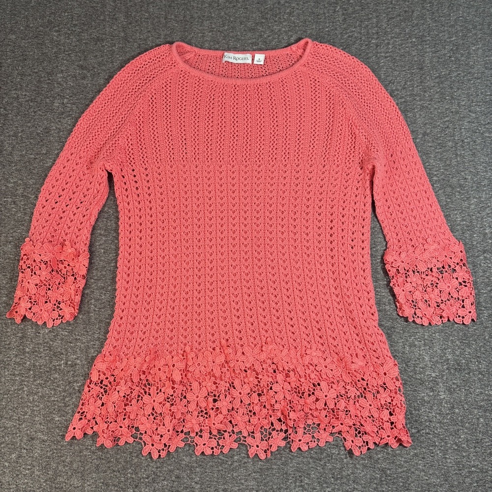 Kim Rogers Women Pink Pointelle Knit Sheer Lace Crochet Small Blouse 3/4 Sleeve